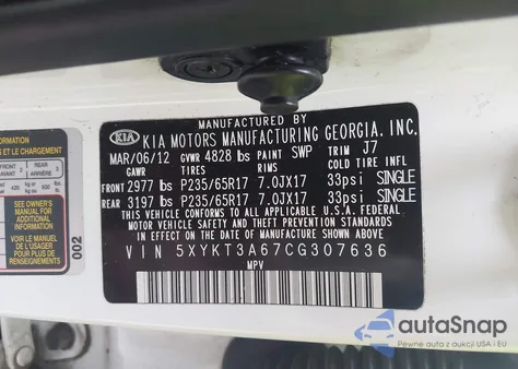 2012 Kia Sorento Lx from USA, damaged, VIN 5XYKT3A67CG307636